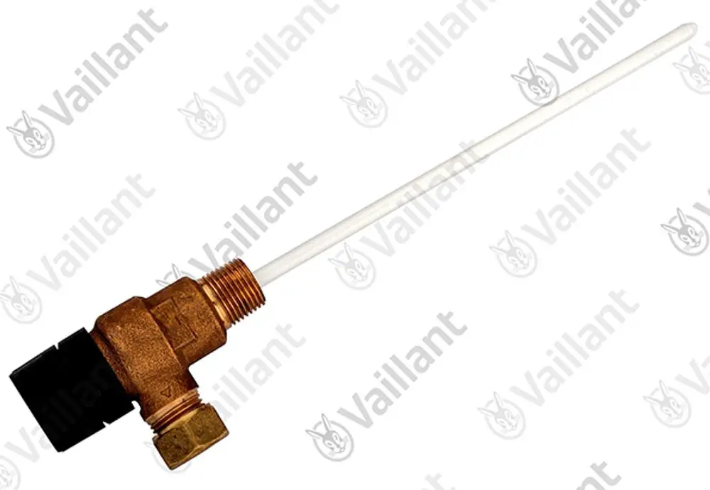 Sicherheitsventil von Vaillant mit einem Anschlussgewinde und einem langen, weißen Abgangsrohr. Das Ventil ist aus Metall und hat eine schwarze Kunststoffkomponente.